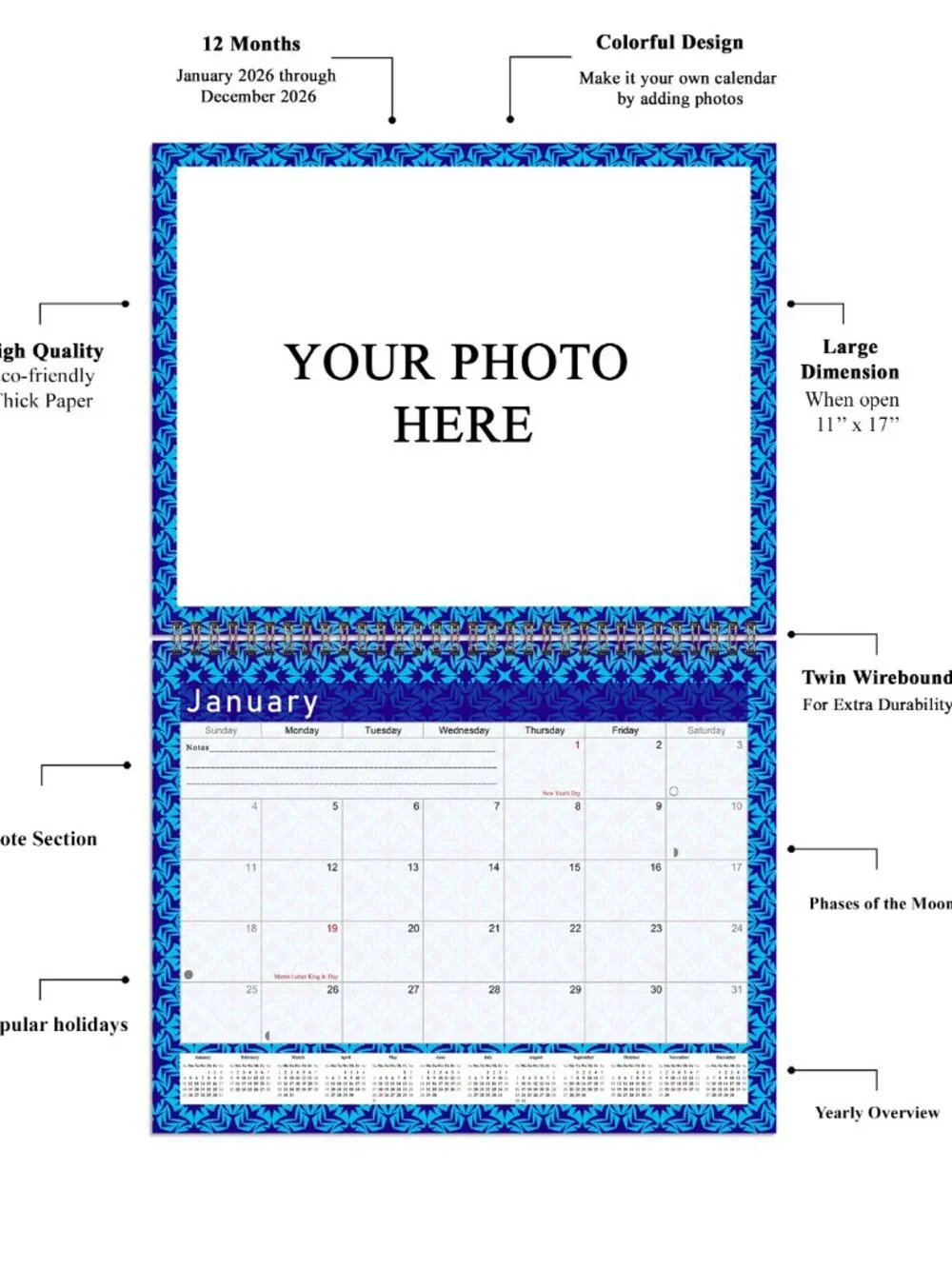 Personalized Custom 2027 Wall Calendar Spiral-bound - 12 Months. 11 x 8in. #07